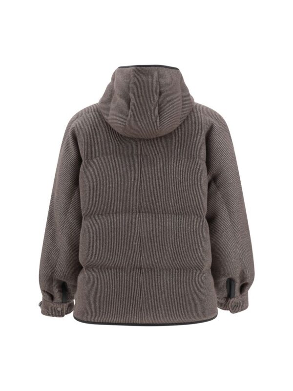 Warm grey puffer hoodie jacket with a cozy hood and elasticized cuffs, stylish and perfect for cold weather.