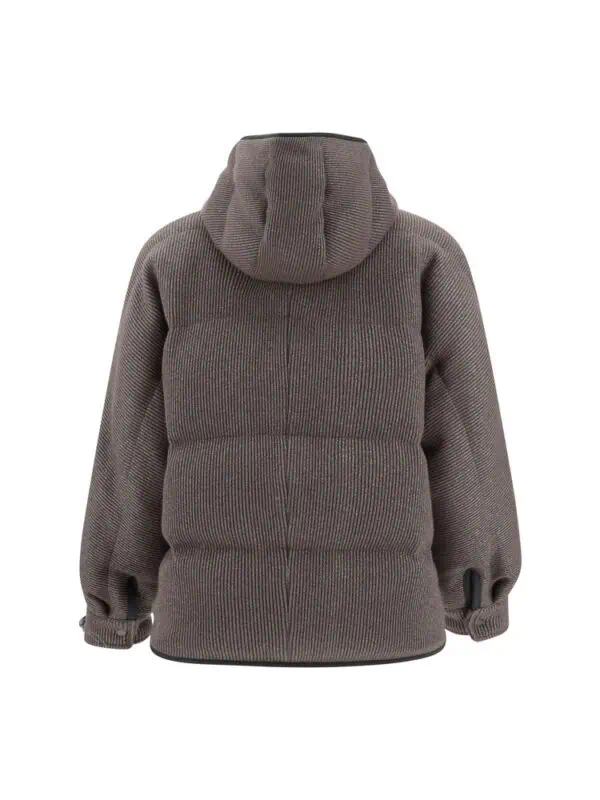 Warm grey puffer hoodie jacket with a cozy hood and elasticized cuffs, stylish and perfect for cold weather.