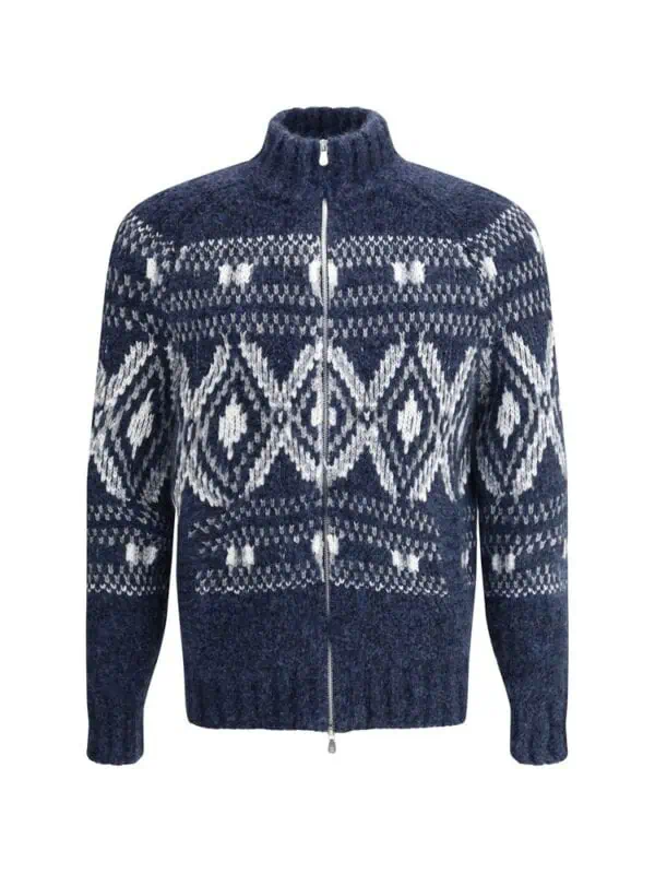 Warm navy blue knitted zip-up sweater with a Scandinavian-inspired geometric snowflake pattern, perfect for winter cold weather, stylish and cozy.