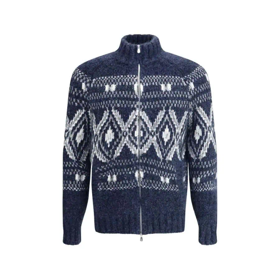 Warm navy blue knitted zip-up sweater with a Scandinavian-inspired geometric snowflake pattern, perfect for winter cold weather, stylish and cozy.