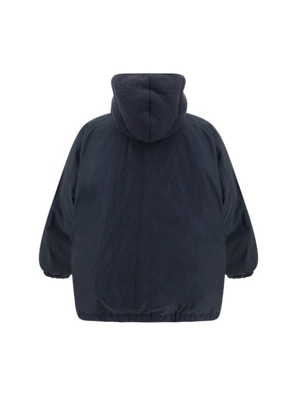 Front view of a stylish navy blue hoodie jacket with a knit hood, perfect for casual wear in cold weather. Crafted with durable, insulated fabric for warmth and comfort.
