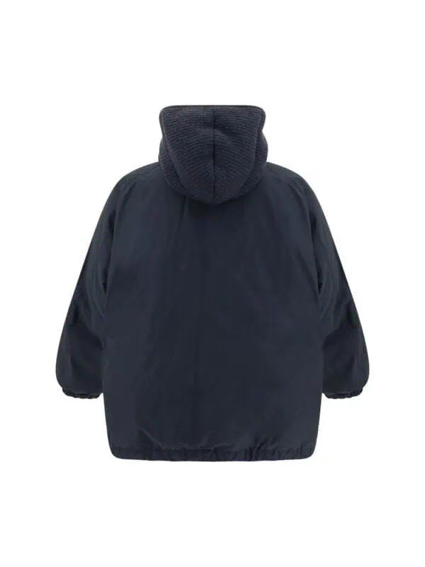 Front view of a stylish navy blue hoodie jacket with a knit hood, perfect for casual wear in cold weather. Crafted with durable, insulated fabric for warmth and comfort.