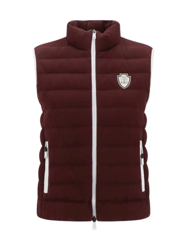 Luxury men's puffer vest with a high-collar design, quilted padding, and front zipper closure, featuring branded patches and side zip pockets for a stylish, functional look.
