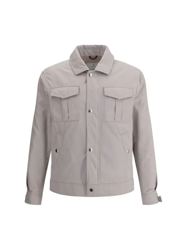 Light beige casual men's jacket with front flap pockets, button closures, and a classic collar, perfect for versatile everyday wear.