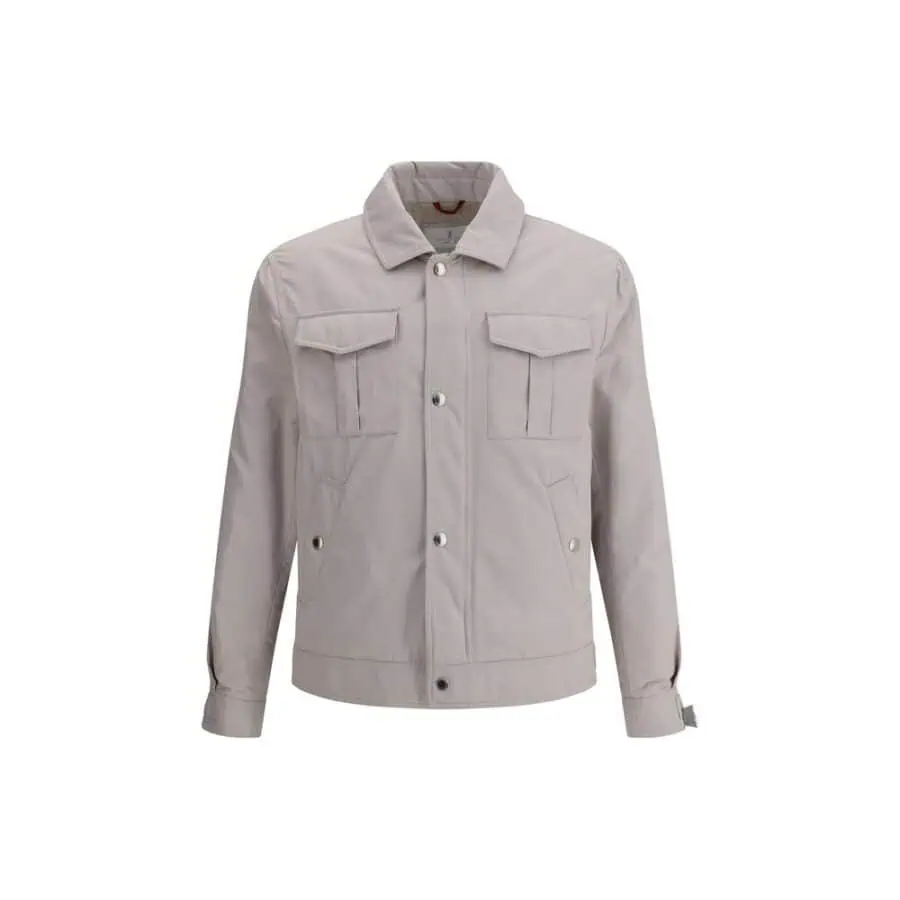 Light beige casual men's jacket with front flap pockets, button closures, and a classic collar, perfect for versatile everyday wear.