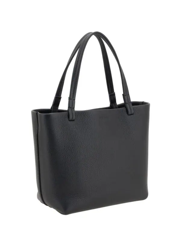Luxury black leather tote bag with dual top handles, minimalist design, ideal for professional or casual occasions.