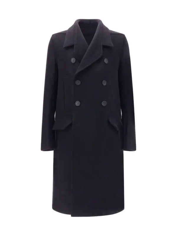 Luxury men's double-breasted navy peacoat with tailored fit, wide lapels, and durable fabric for a sophisticated winter look. Perfect for stylish cold-weather outfits.