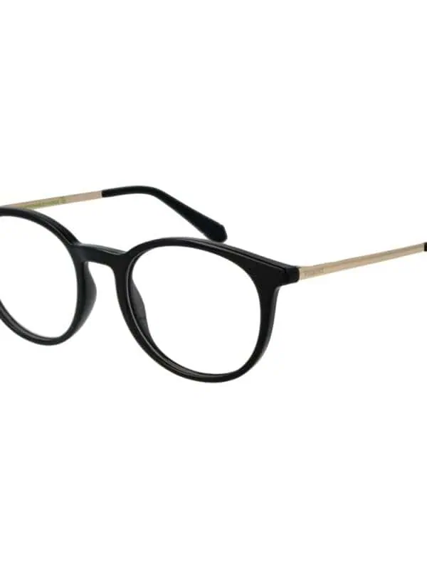 Black designer eyeglasses with round frames and beige temples, perfect for a sophisticated and stylish look.