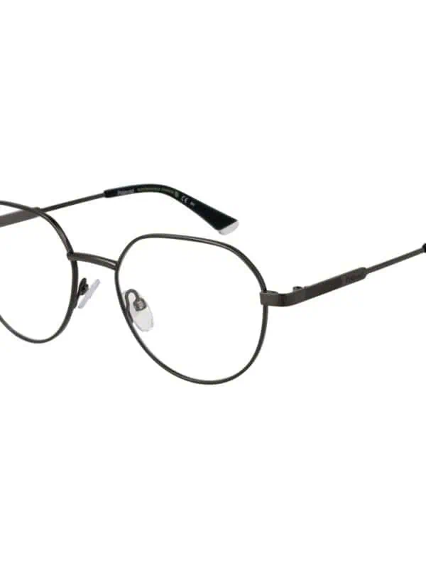 Polaroid metal frame eyeglasses with adjustable nose pads and thin black temples for a sleek, modern look. Perfect for everyday wear or professional settings.
