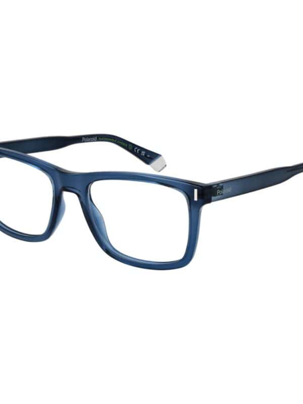 Polaroid blue rectangular prescription eyeglasses for men and women with lightweight frame.